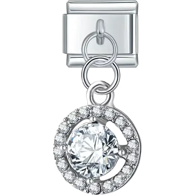 Dangle featuring a clear central crystal surrounded by a ring of smaller crystals Italian charm bracelet link