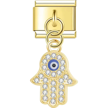 Gold dangling Hamsa adorned with clear crystals and a central blue evil eye Italian charm bracelet link