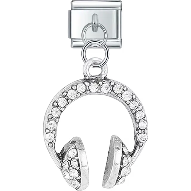Crystal-studded headphones pendant Italian charm bracelet link