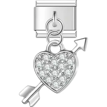 Crystal-studded heart pierced by an arrow Italian charm bracelet link