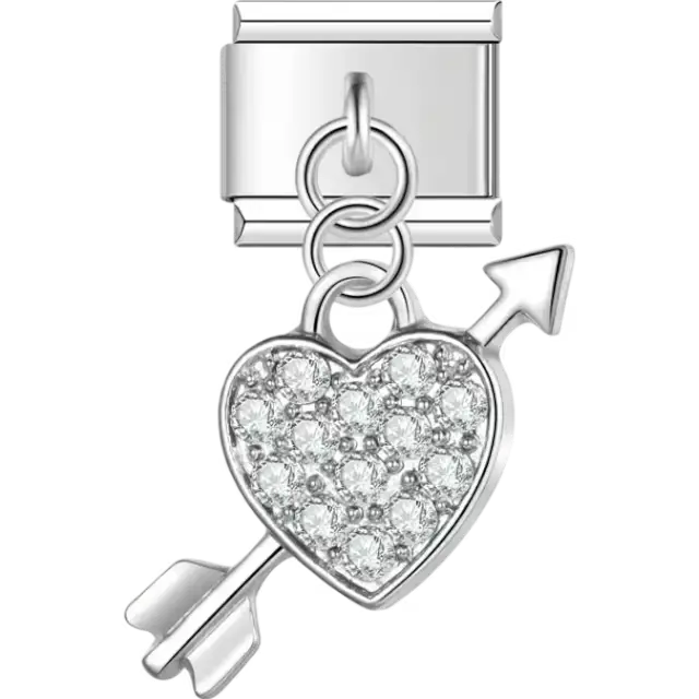 Crystal-studded heart pierced by an arrow Italian charm bracelet link