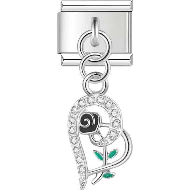 Crystal heart with black rose dangle Italian charm bracelet link