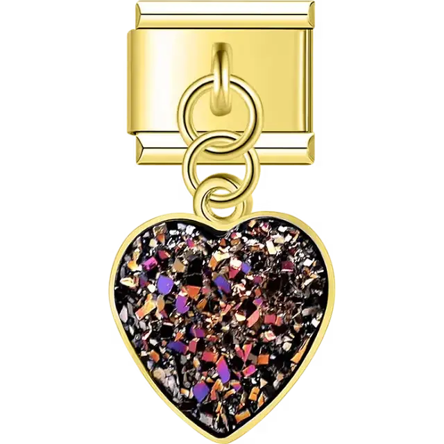 Multi-colored glitter heart dangle Italian charm bracelet link