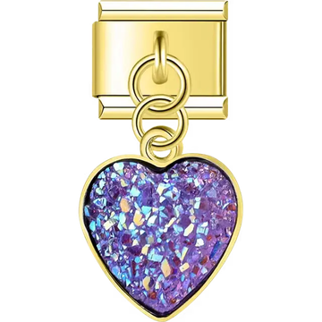 Purple glitter heart dangle Italian charm bracelet link