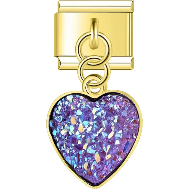 Purple glitter heart dangle Italian charm bracelet link