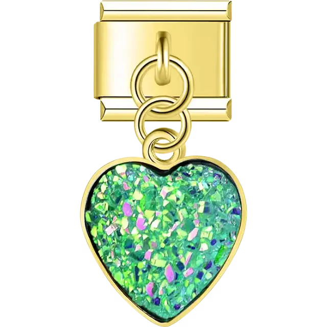 Green glitter heart dangle Italian charm bracelet link