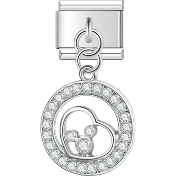 Crystal-studded circle with a heart design Italian charm bracelet link
