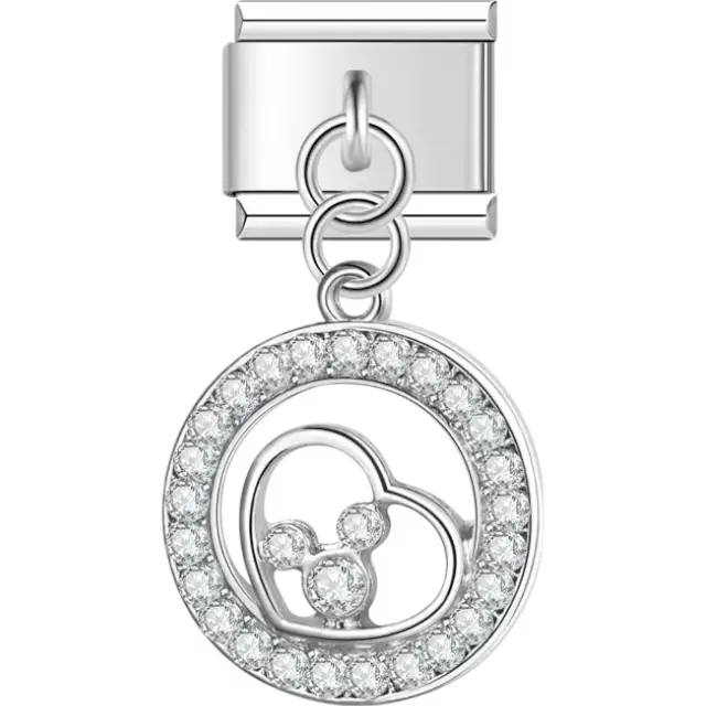 Crystal-studded circle with a heart design Italian charm bracelet link