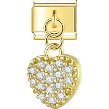 Heart-shaped dangle charm adorned with pavé crystals and textured details Italian charm bracelet link