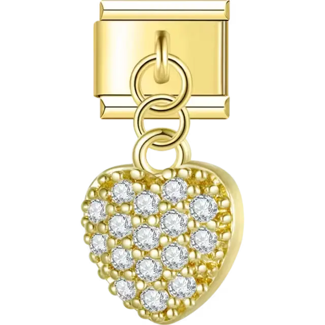 Heart-shaped dangle charm adorned with pavé crystals and textured details Italian charm bracelet link