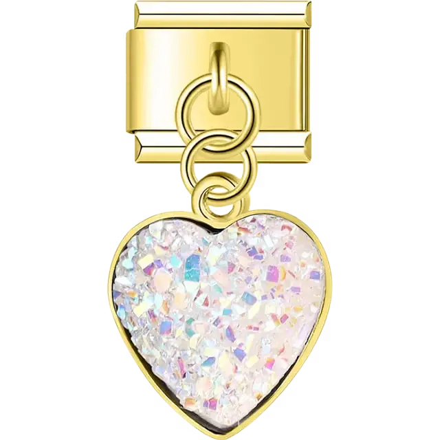 Iridescent white heart crystal dangle Italian charm bracelet link