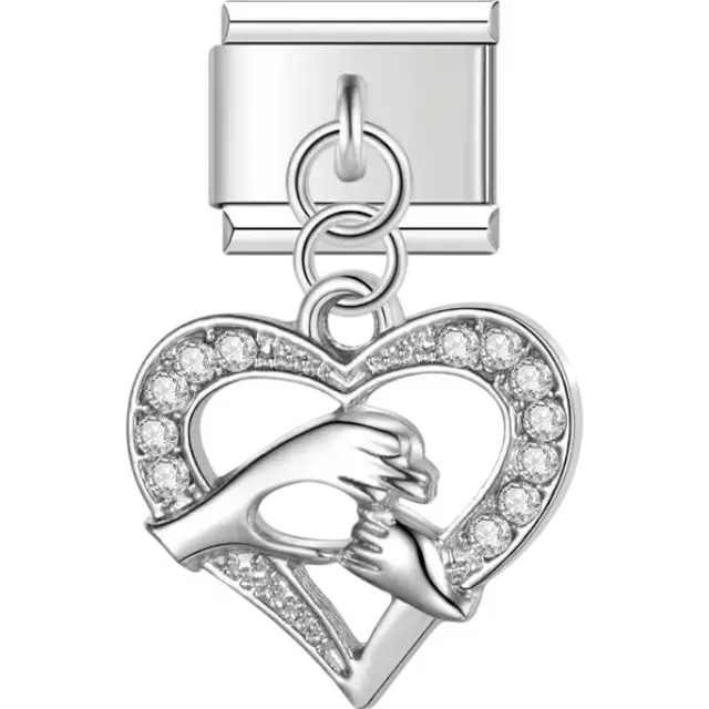 Crystal-lined heart with holding hands design Italian charm bracelet link