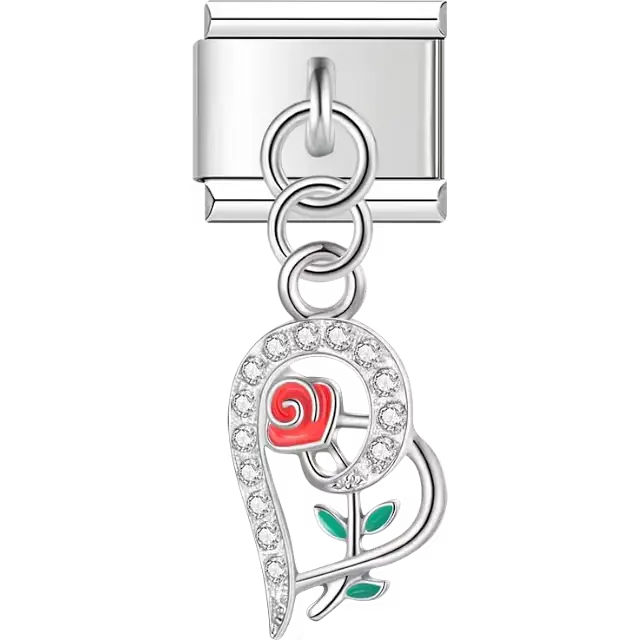 Crystal heart with red rose dangle Italian charm bracelet link