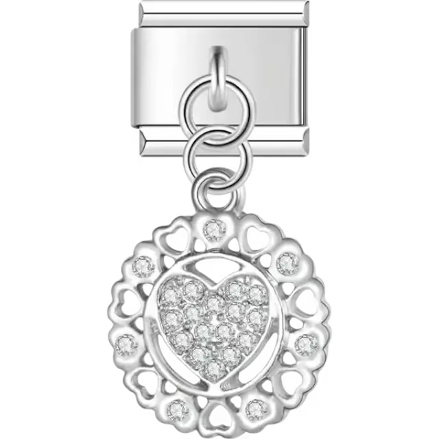 Crystal-studded heart surrounded by open heart wreath Italian charm bracelet link