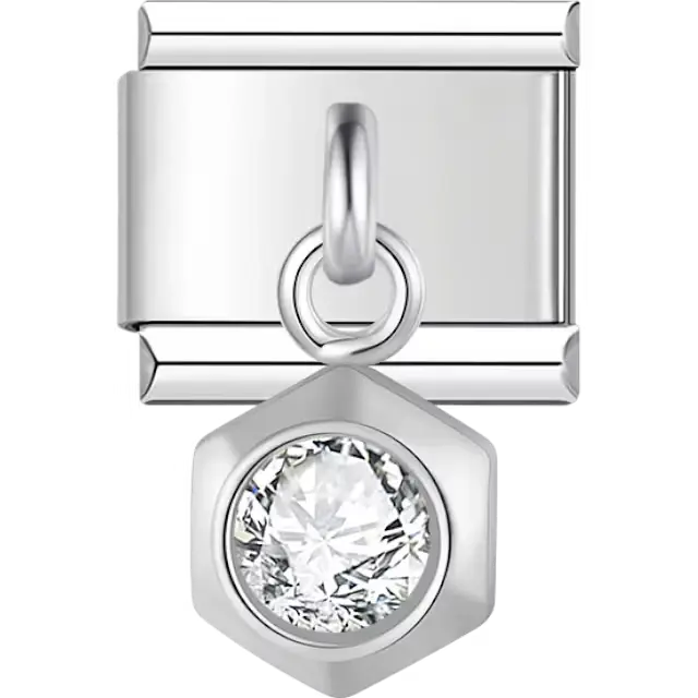 Hexagon-shaped dangle with crystal center Italian charm bracelet link