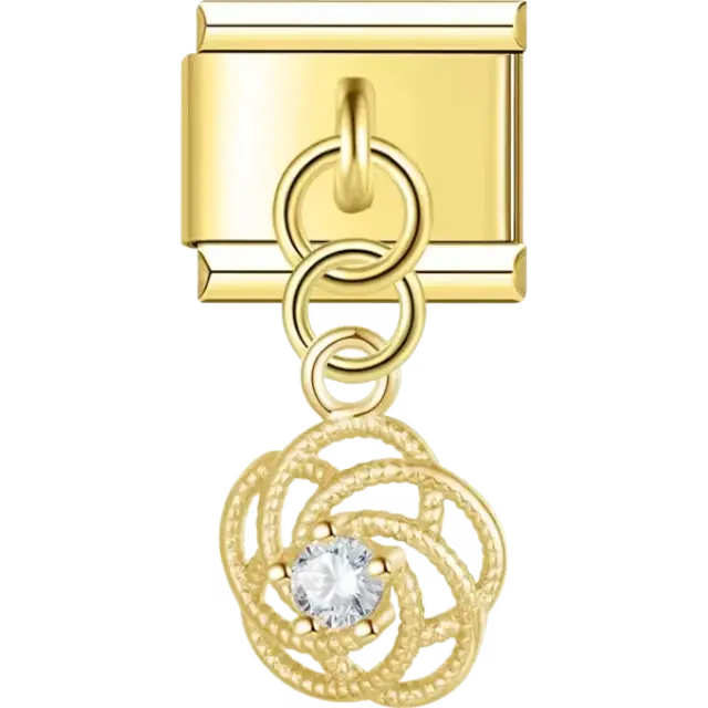 Interwoven knot-shaped dangle with clear crystal center Italian charm bracelet link