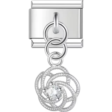 Interwoven knot-shaped dangle with clear crystal center Italian charm bracelet link