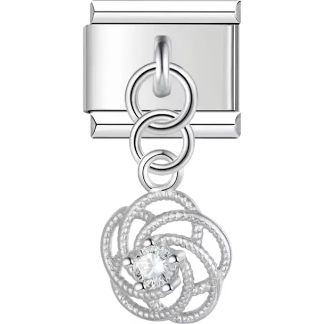 Interwoven knot-shaped dangle with clear crystal center Italian charm bracelet link