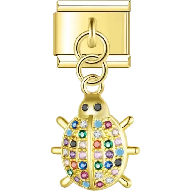 Ladybug-shaped dangle design with multicolored crystal accents Italian charm bracelet link