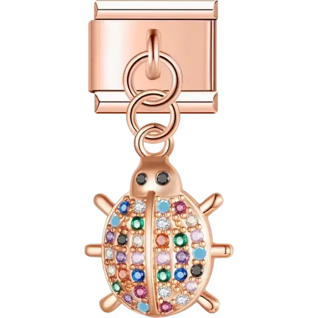 Ladybug-shaped dangle design with multicolored crystal accents Italian charm bracelet link
