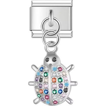 Ladybug-shaped dangle design with multicolored crystal accents Italian charm bracelet link