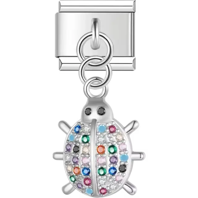 Ladybug-shaped dangle design with multicolored crystal accents Italian charm bracelet link