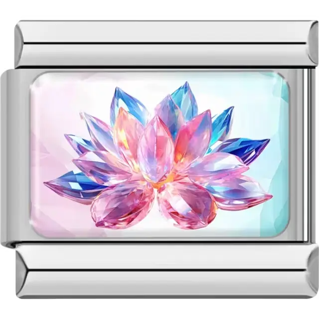 Pink and blue faceted crystal lotus flower on a light blue and pink gradient background Italian charm bracelet link