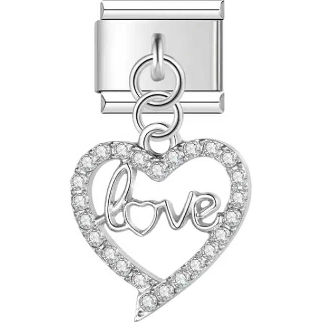 Crystal-studded open heart with "love" text in the center Italian charm bracelet link