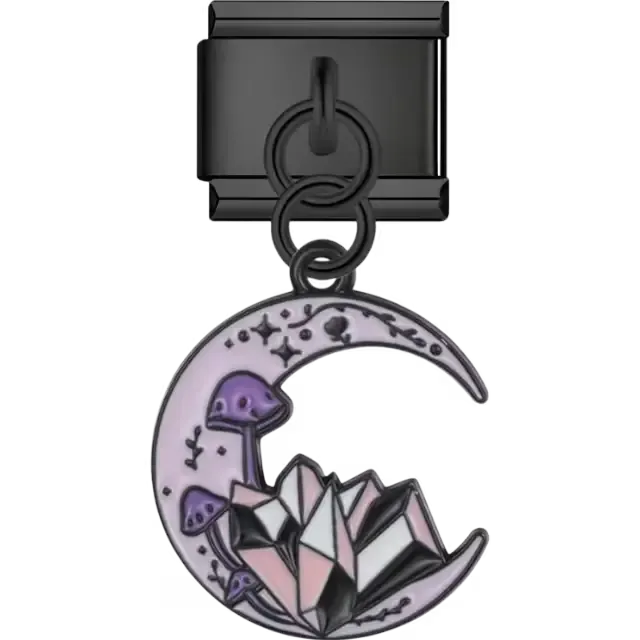 Purple crescent moon with mushrooms stars and pink geometric crystals Italian charm bracelet link