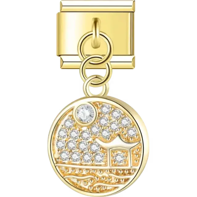 Round charm featuring a crystal pavé landscape design with an Italian charm bracelet link