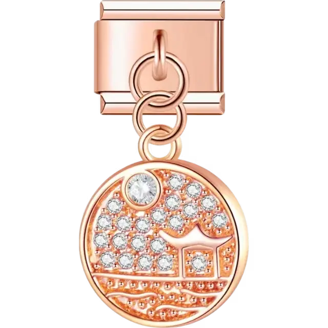 Round charm featuring a crystal pavé landscape design with an Italian charm bracelet link