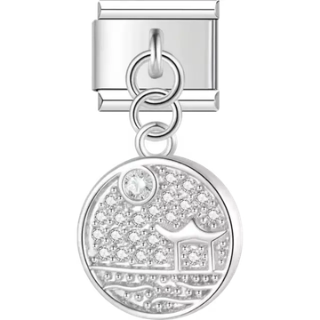 Round charm featuring a crystal pavé landscape design with an Italian charm bracelet link