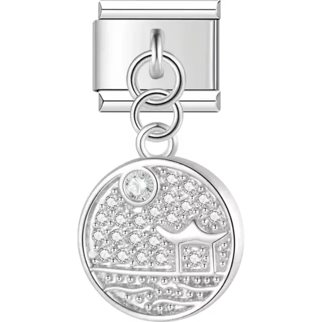 Round charm featuring a crystal pavé landscape design with an Italian charm bracelet link