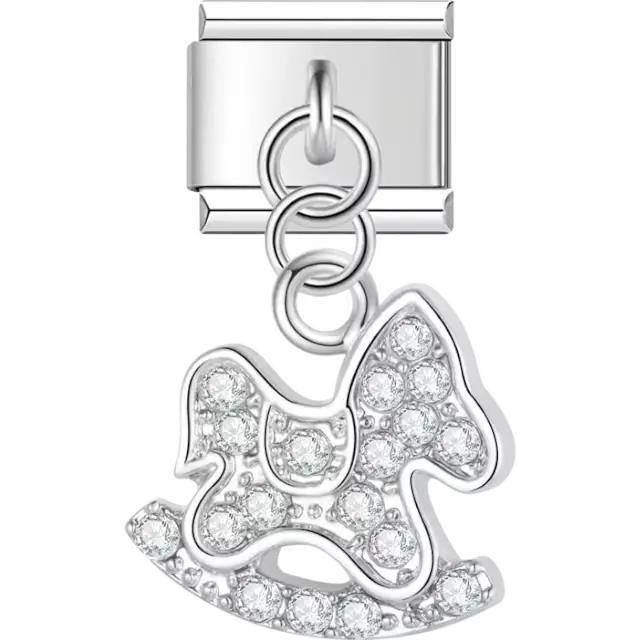 Crystal-studded rocking horse with open design Italian charm bracelet link
