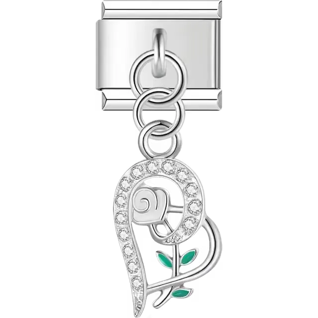 Crystal heart with white rose dangle Italian charm bracelet link
