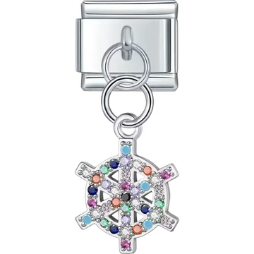 Ship wheel-shaped dangle design with multicolored crystal accents Italian charm bracelet link