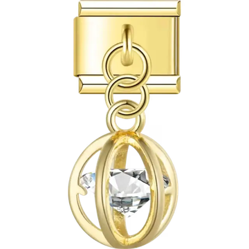Gold cage design with clear round gemstone inside and dangle loop detail Italian charm bracelet link