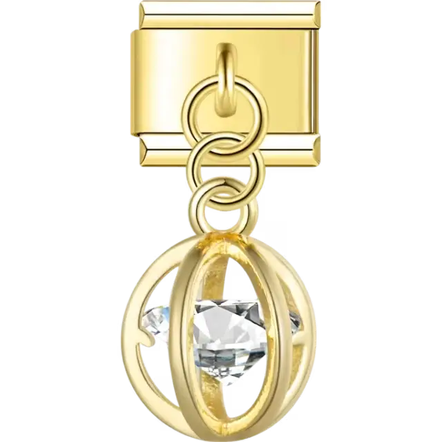 Gold cage design with clear round gemstone inside and dangle loop detail Italian charm bracelet link