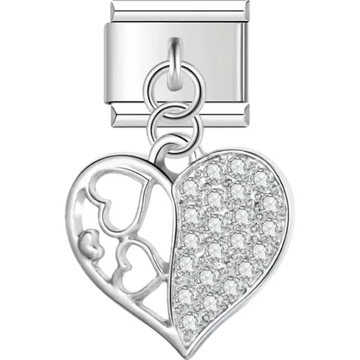 Split heart design with crystals on one side and open hearts on the other Italian charm bracelet link