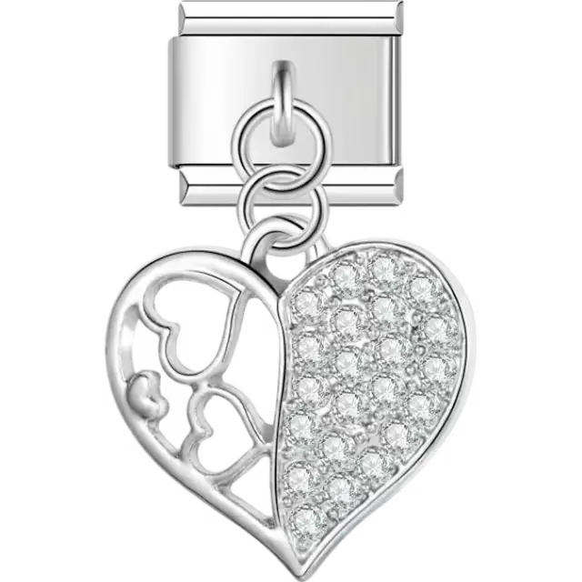 Split heart design with crystals on one side and open hearts on the other Italian charm bracelet link