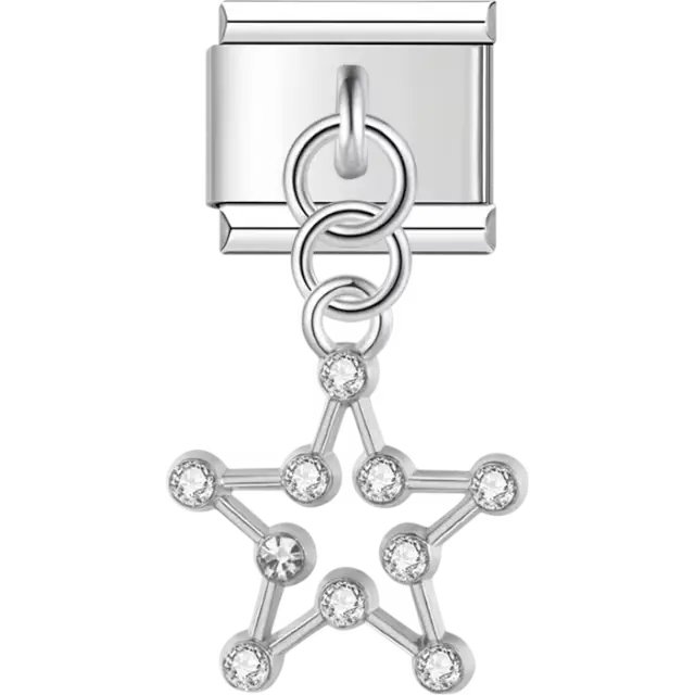 Silver outlined star with clear crystal accents and dangle Italian charm bracelet link