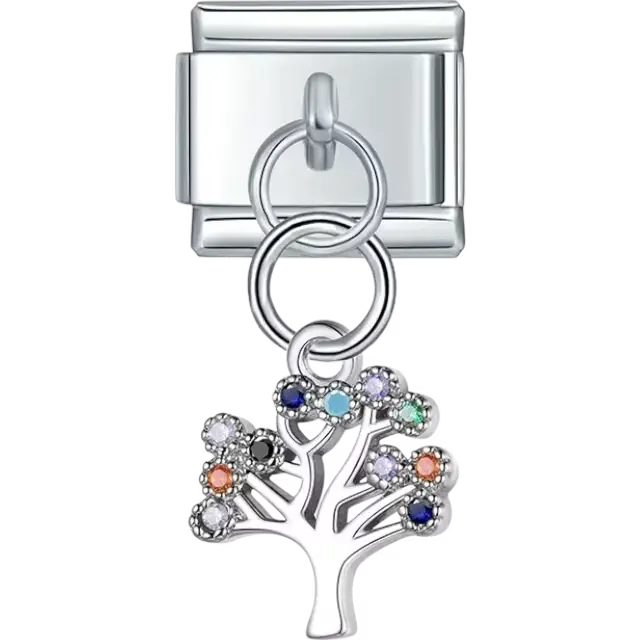 Tree of Life dangle design with multicolored crystal accents Italian charm bracelet link