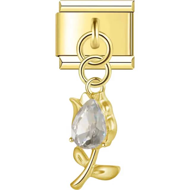 Tulip flower clear crystal teardrop dangle Italian charm bracelet link