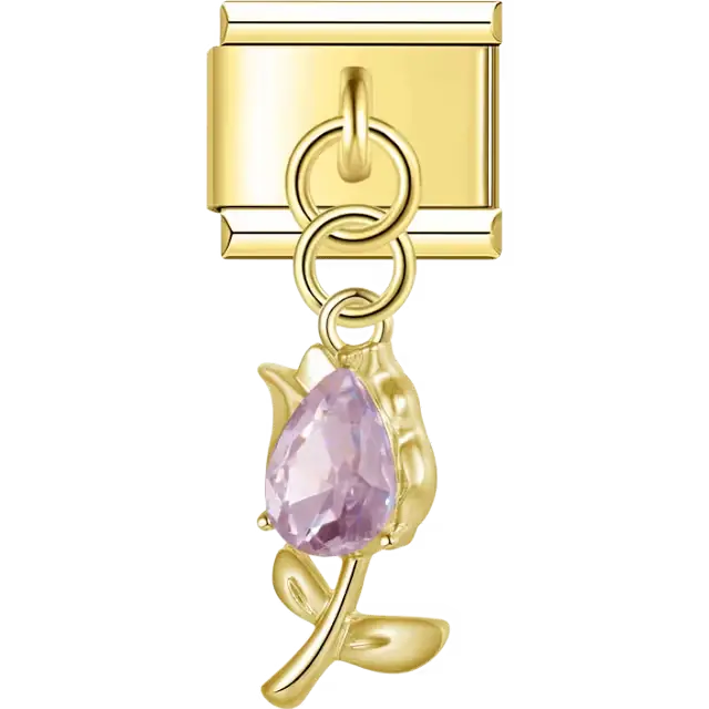 Tulip flower pink crystal teardrop dangle Italian charm bracelet link