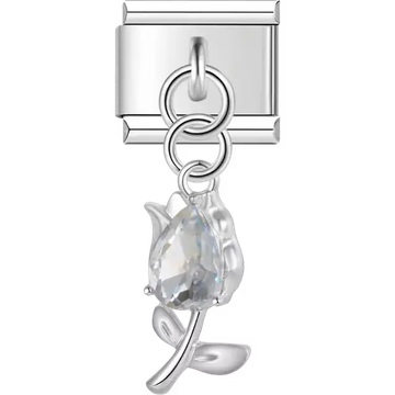 Tulip flower clear crystal teardrop dangle Italian charm bracelet link