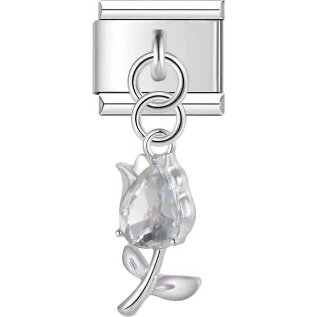 Tulip flower clear crystal teardrop dangle Italian charm bracelet link