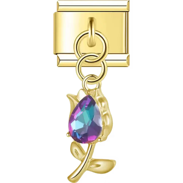 Tulip flower purple blue crystal teardrop dangle Italian charm bracelet link