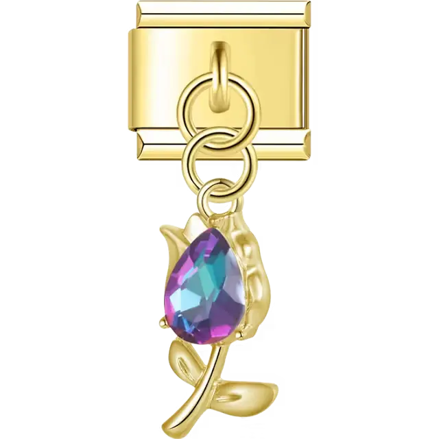 Tulip flower purple blue crystal teardrop dangle Italian charm bracelet link