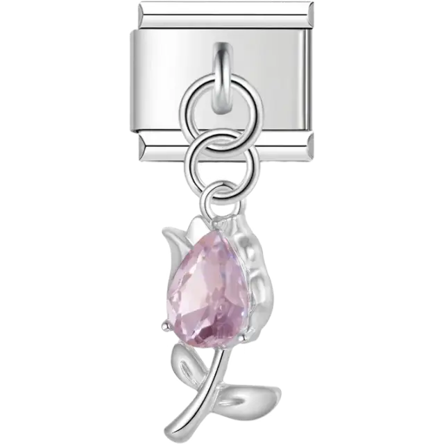 Tulip flower pink crystal teardrop dangle Italian charm bracelet link