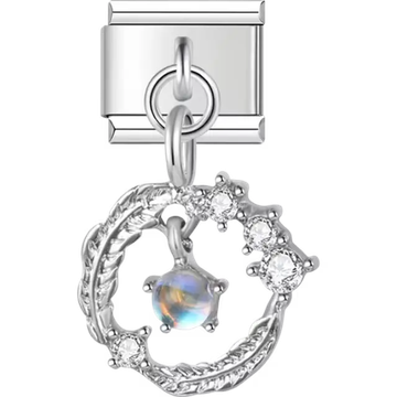 Circular wreath with braided design clear gemstones and central iridescent gem Italian charm bracelet link